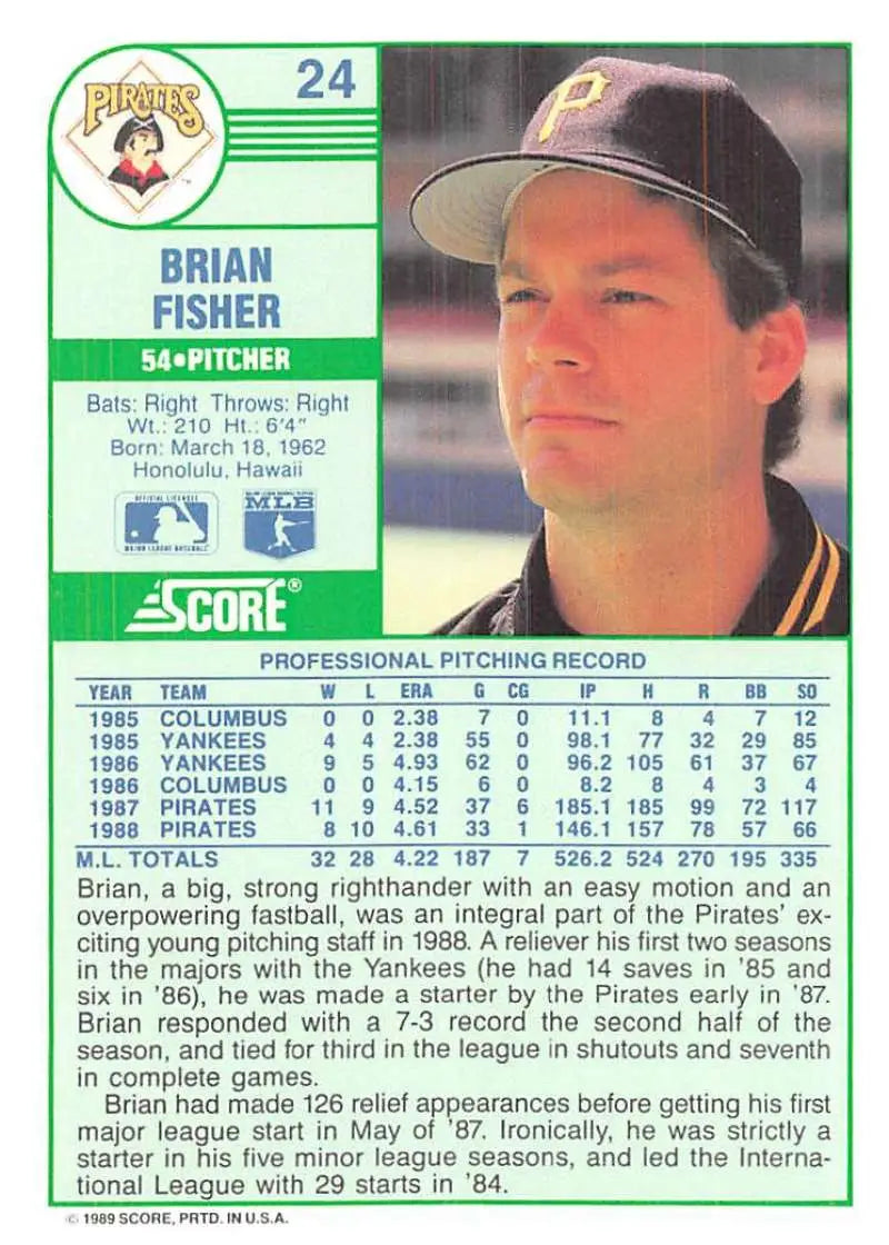 1989 Score #24 Brian Fisher NM-MT Pittsburgh Pirates Baseball Card - Baseball Card Single