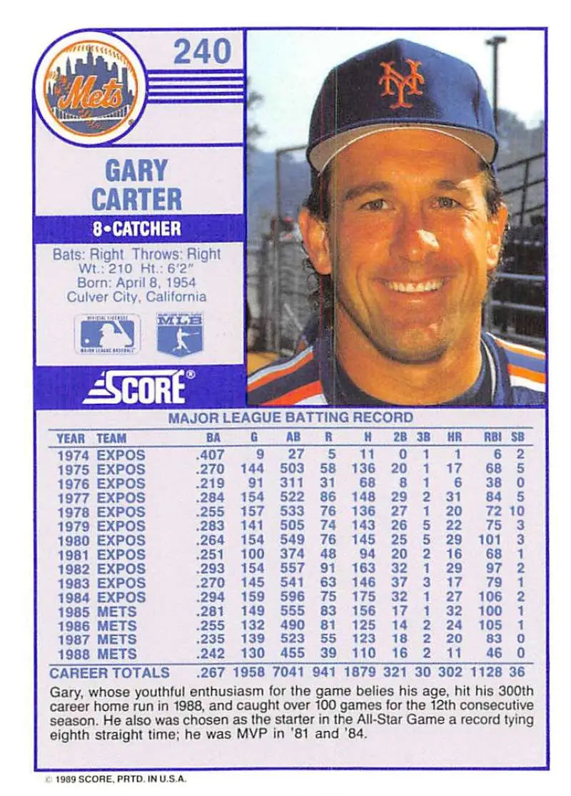 1989 Score #240 Gary Carter NM-MT New York Mets Baseball Card - Baseball Card Single