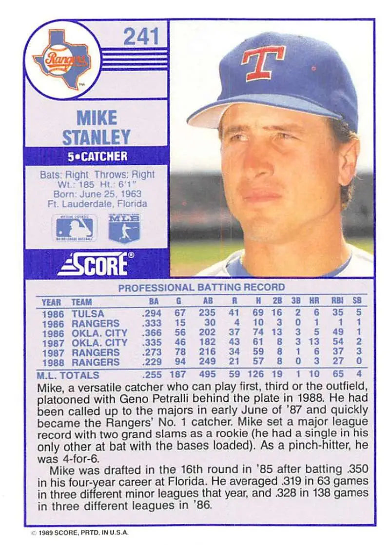 1989 Score #241 Mike Stanley NM-MT Texas Rangers Baseball Card - Baseball Card Single