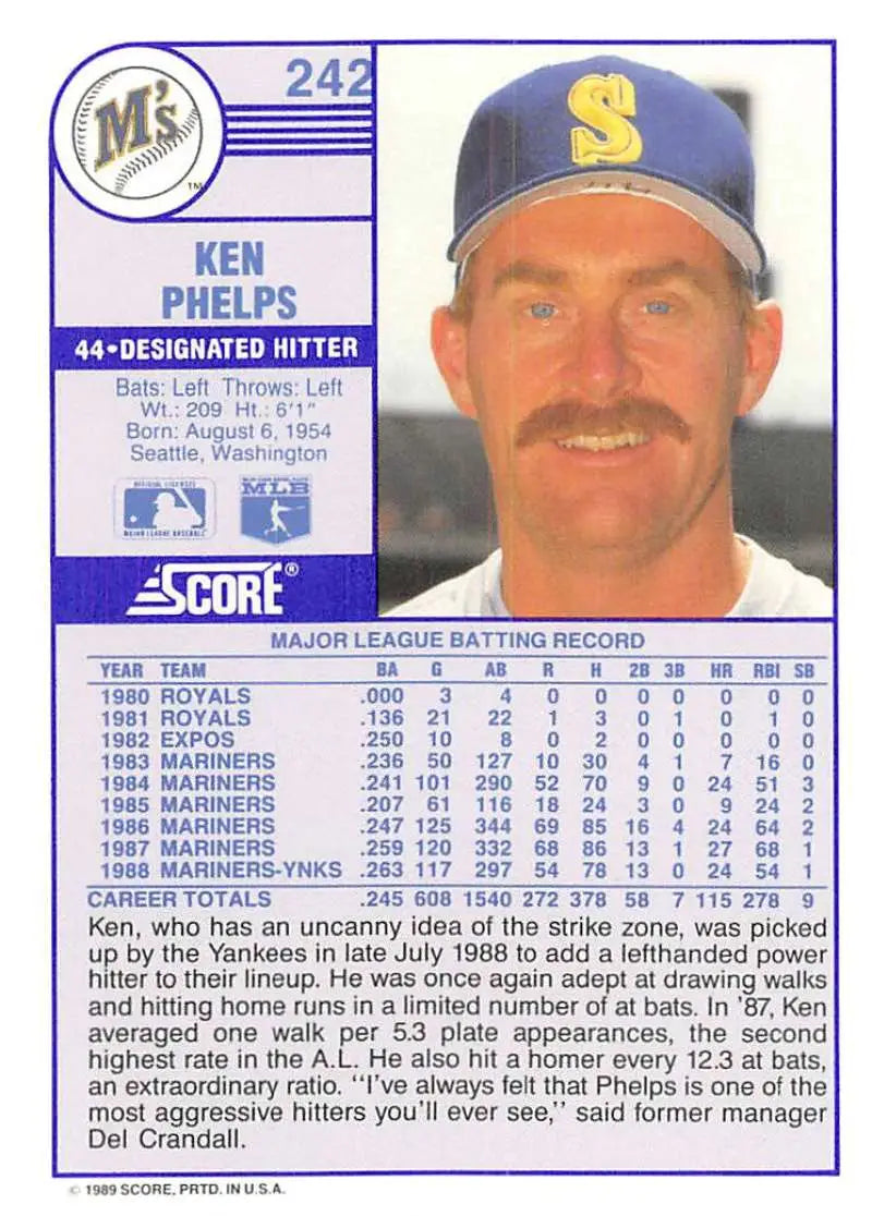 1989 Score #242 Ken Phelps NM-MT Seattle Mariners Baseball Card - Baseball Card Single
