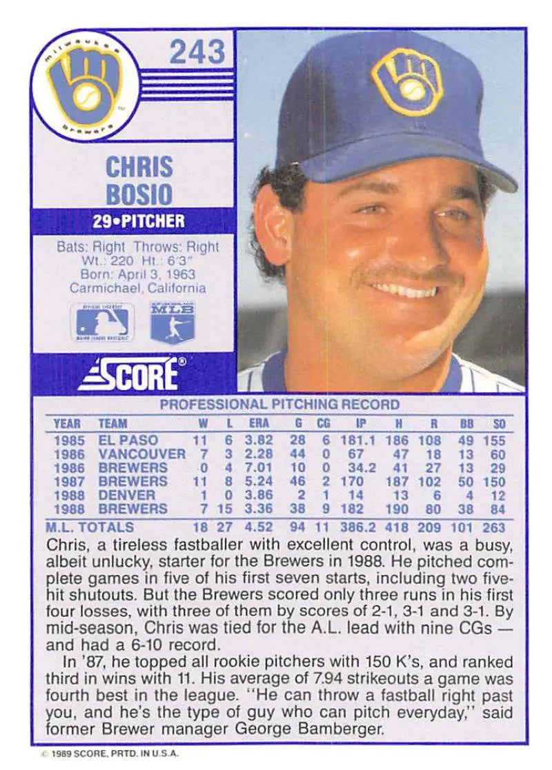 1989 Score #243 Chris Bosio NM-MT Milwaukee Brewers Baseball Card - Baseball Card Single