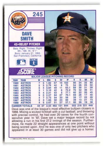 1989 Score #245 Dave Smith EX/NM Astros ID:66762 - Baseball Card Single