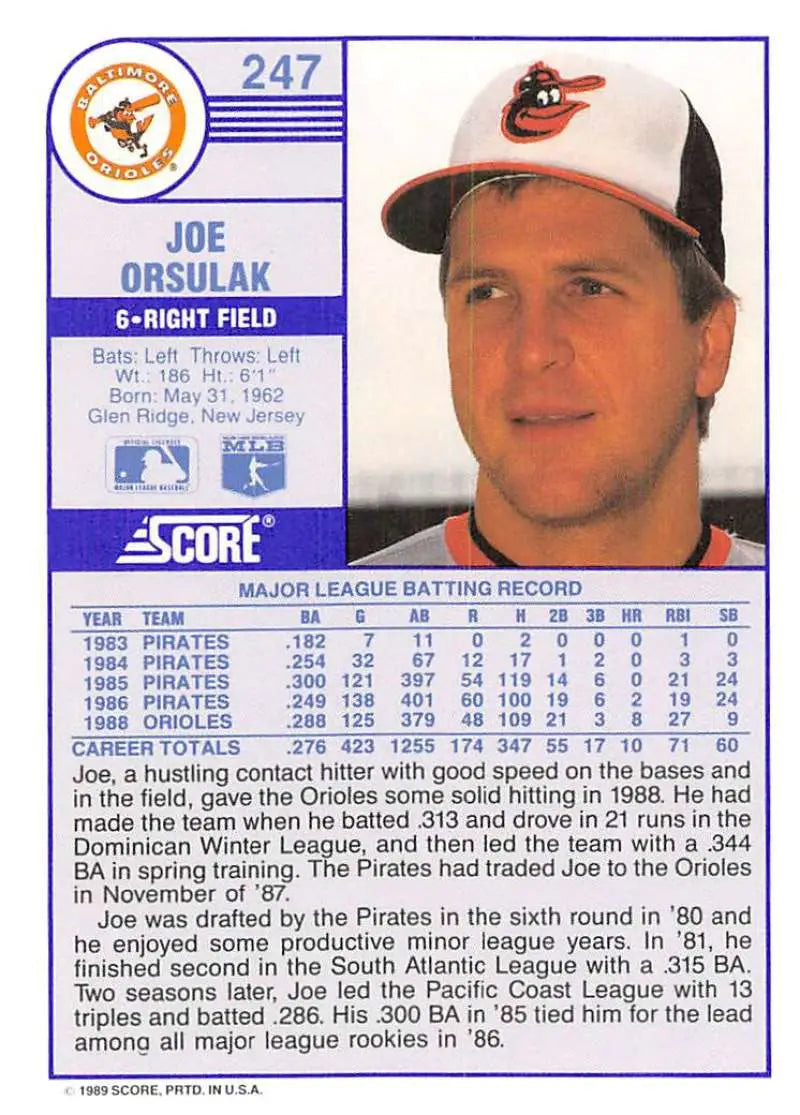 1989 Score #247 Joe Orsulak NM-MT Baltimore Orioles Baseball Card - Baseball Card Single