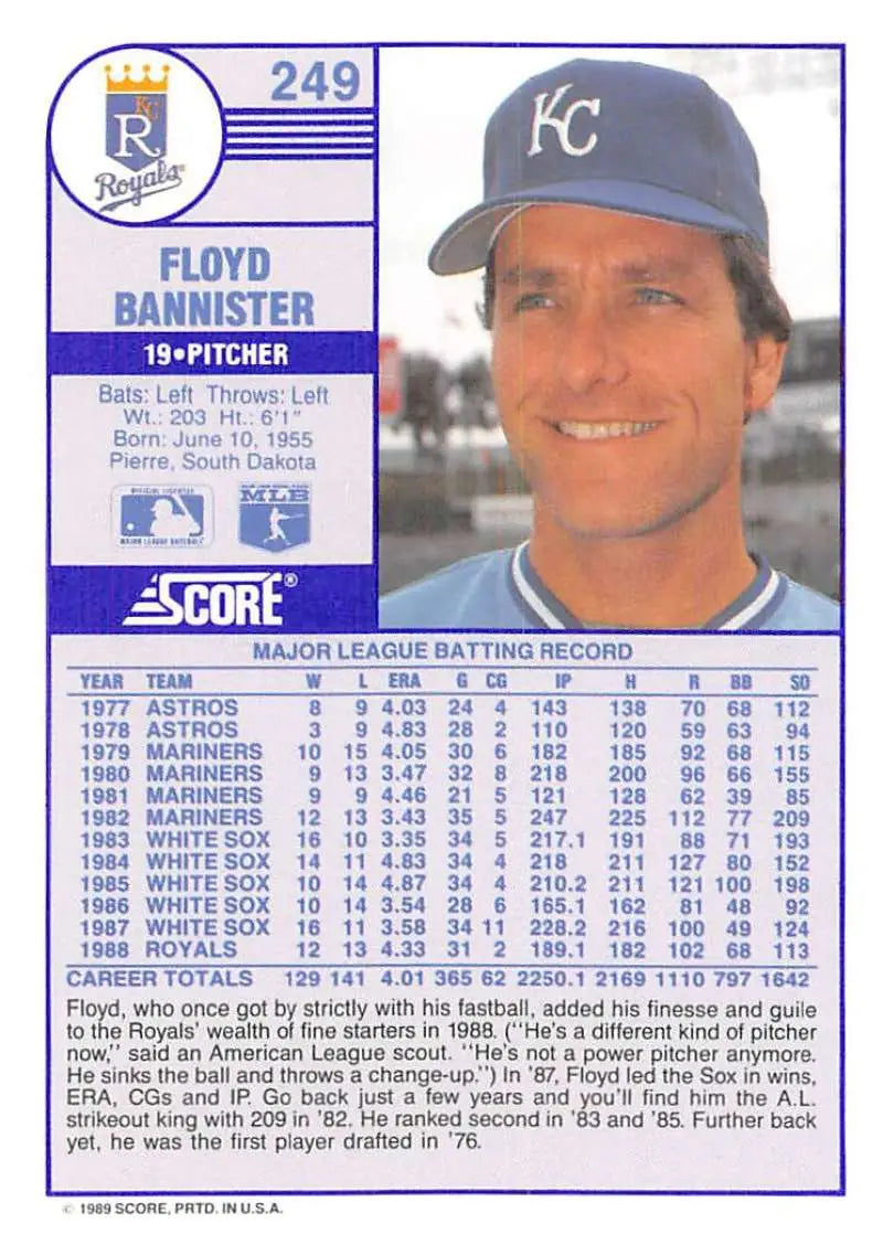 1989 Score #249 Floyd Bannister NM-MT Kansas City Royals Baseball Card - Baseball Card Single