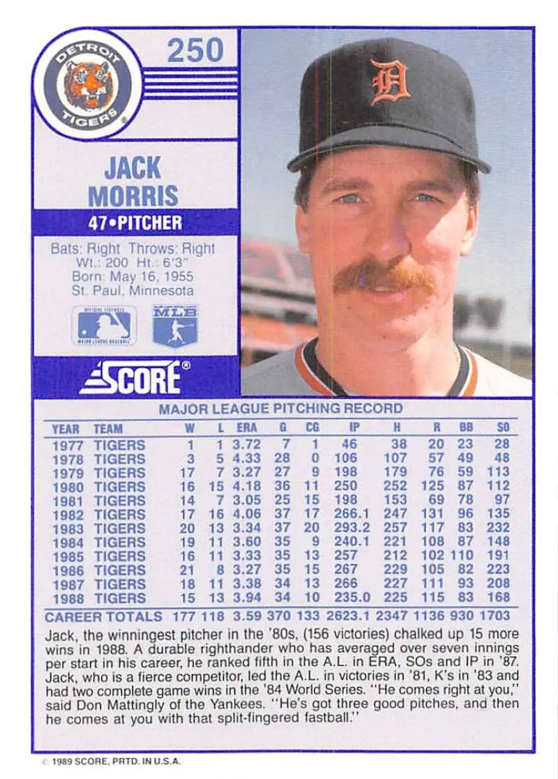 1989 Score #250 Jack Morris NM-MT Detroit Tigers Baseball Card - Baseball Card Single