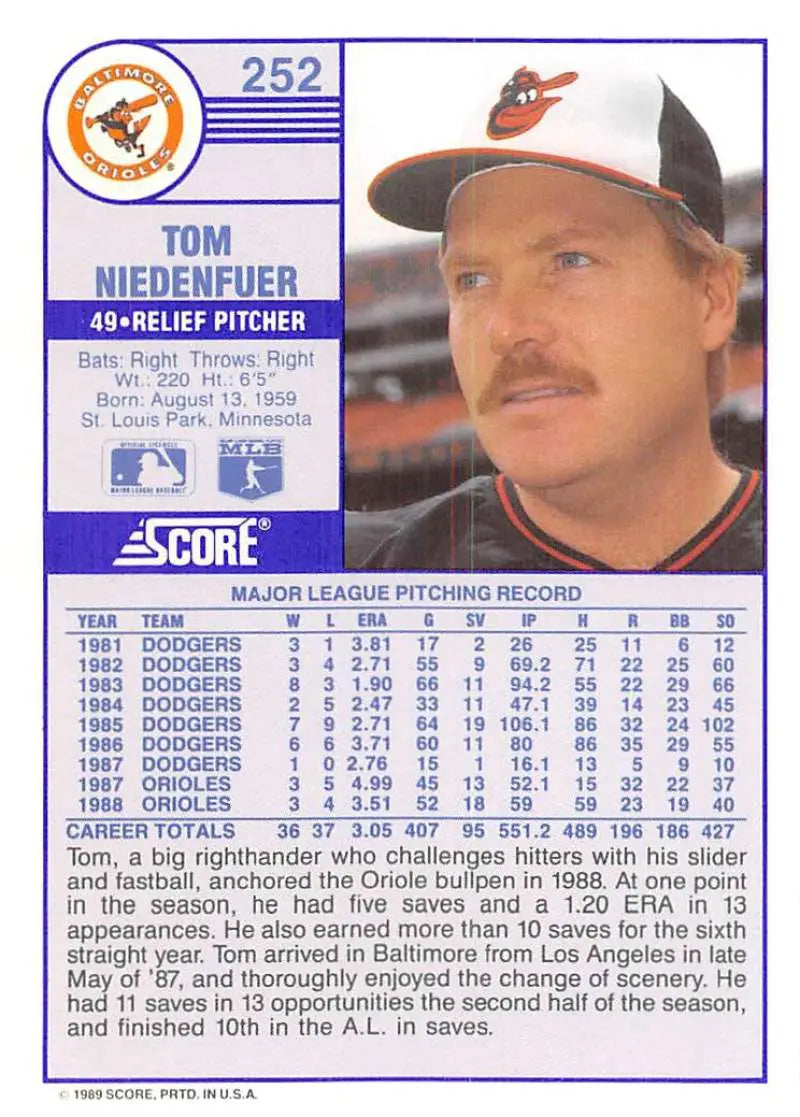 1989 Score #252 Tom Niedenfuer NM-MT Baltimore Orioles Baseball Card - Baseball Card Single