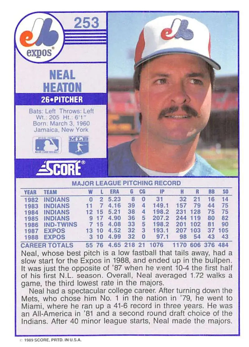 1989 Score #253 Neal Heaton NM-MT Montreal Expos Baseball Card - Baseball Card Single