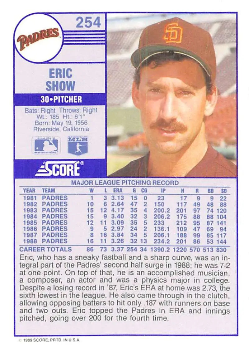 1989 Score #254 Eric Show NM-MT San Diego Padres Baseball Card - Baseball Card Single