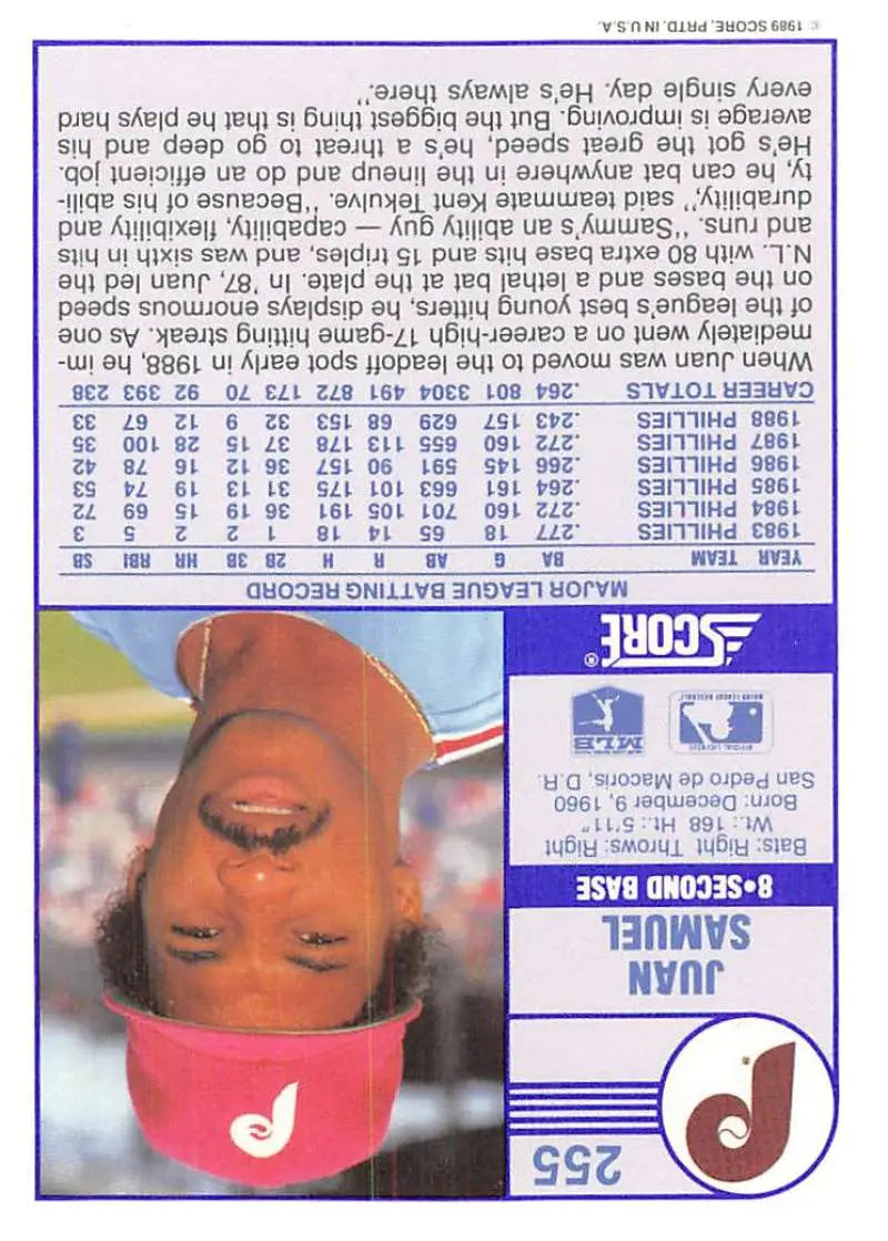 1989 Score #255 Juan Samuel NM-MT Philadelphia Phillies Baseball Card - Baseball Card Single