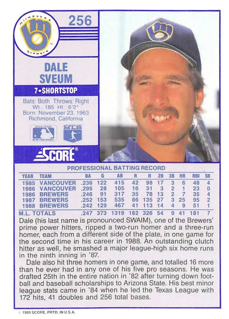 1989 Score #256 Dale Sveum NM-MT Milwaukee Brewers Baseball Card - Baseball Card Single