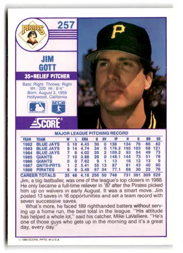 1989 Score #257 Jim Gott EX/NM Pirates ID:66798 - Baseball Card Single