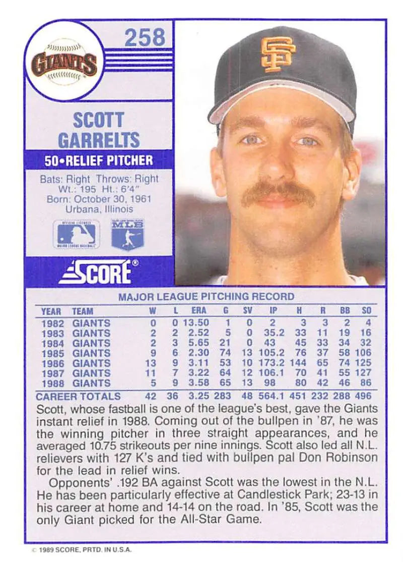 1989 Score #258 Scott Garrelts NM-MT San Francisco Giants Baseball Card - Baseball Card Single