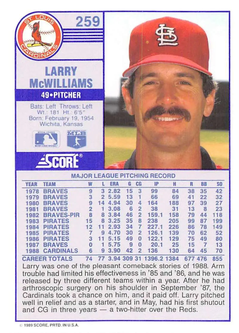 1989 Score #259 Larry McWilliams NM-MT St. Louis Cardinals Baseball Card - Baseball Card Single