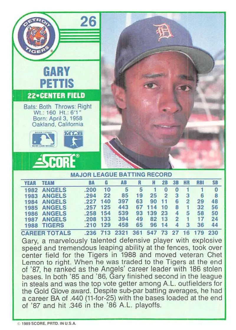 1989 Score #26 Gary Pettis NM-MT Detroit Tigers Baseball Card - Baseball Card Single