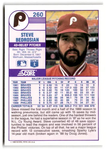 1989 Score #260 Steve Bedrosian EX/NM Phillies ID:66761 - Baseball Card Single