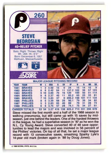 1989 Score #260 Steve Bedrosian EX/NM Phillies ID:66804 - Baseball Card Single
