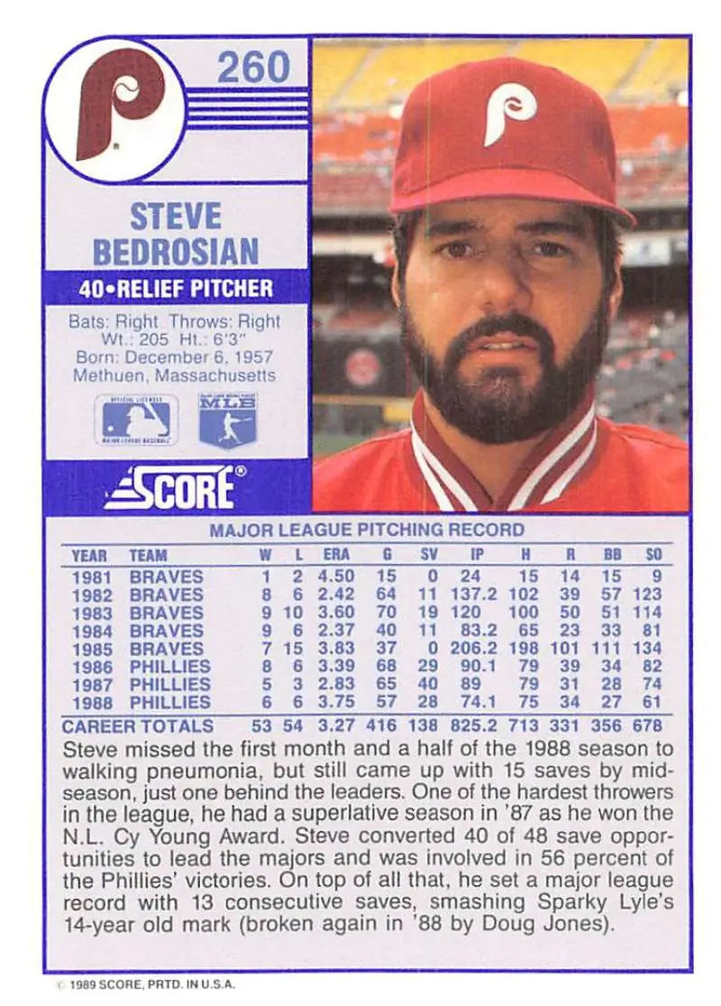 1989 Score #260 Steve Bedrosian NM-MT Philadelphia Phillies Baseball Card - Baseball Card Single