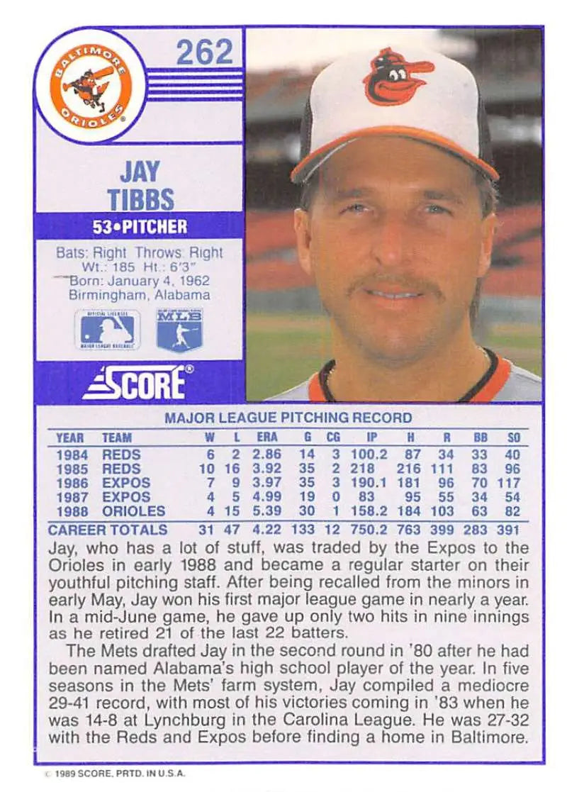 1989 Score #262 Jay Tibbs NM-MT Baltimore Orioles Baseball Card - Baseball Card Single