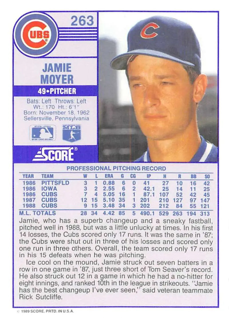 1989 Score #263 Jamie Moyer NM-MT Chicago Cubs Baseball Card - Baseball Card Single