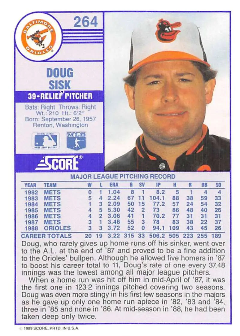 1989 Score #264 Doug Sisk NM-MT Baltimore Orioles Baseball Card - Baseball Card Single