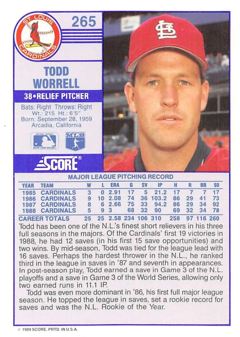 1989 Score #265 Todd Worrell NM-MT St. Louis Cardinals Baseball Card - Baseball Card Single