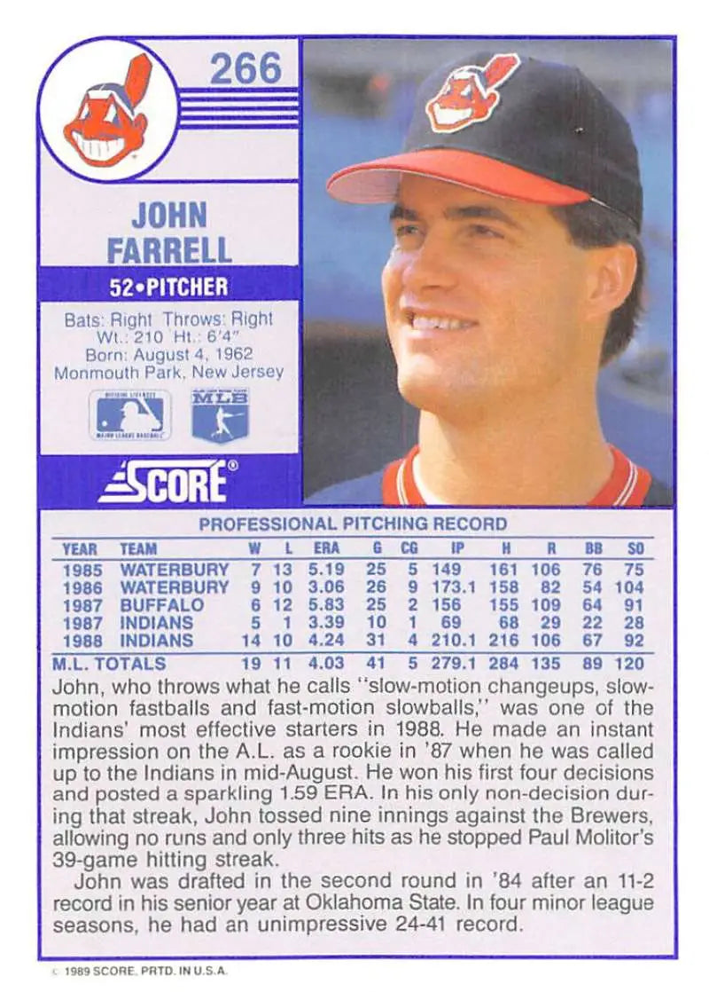 1989 Score #266 John Farrell NM-MT Cleveland Indians Baseball Card - Baseball Card Single