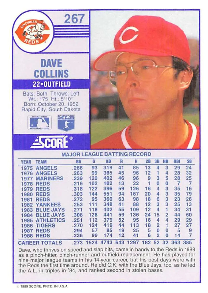 1989 Score #267 Dave Collins NM-MT Cincinnati Reds Baseball Card - Baseball Card Single