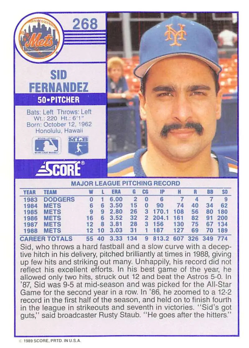 1989 Score #268 Sid Fernandez NM-MT New York Mets Baseball Card - Baseball Card Single