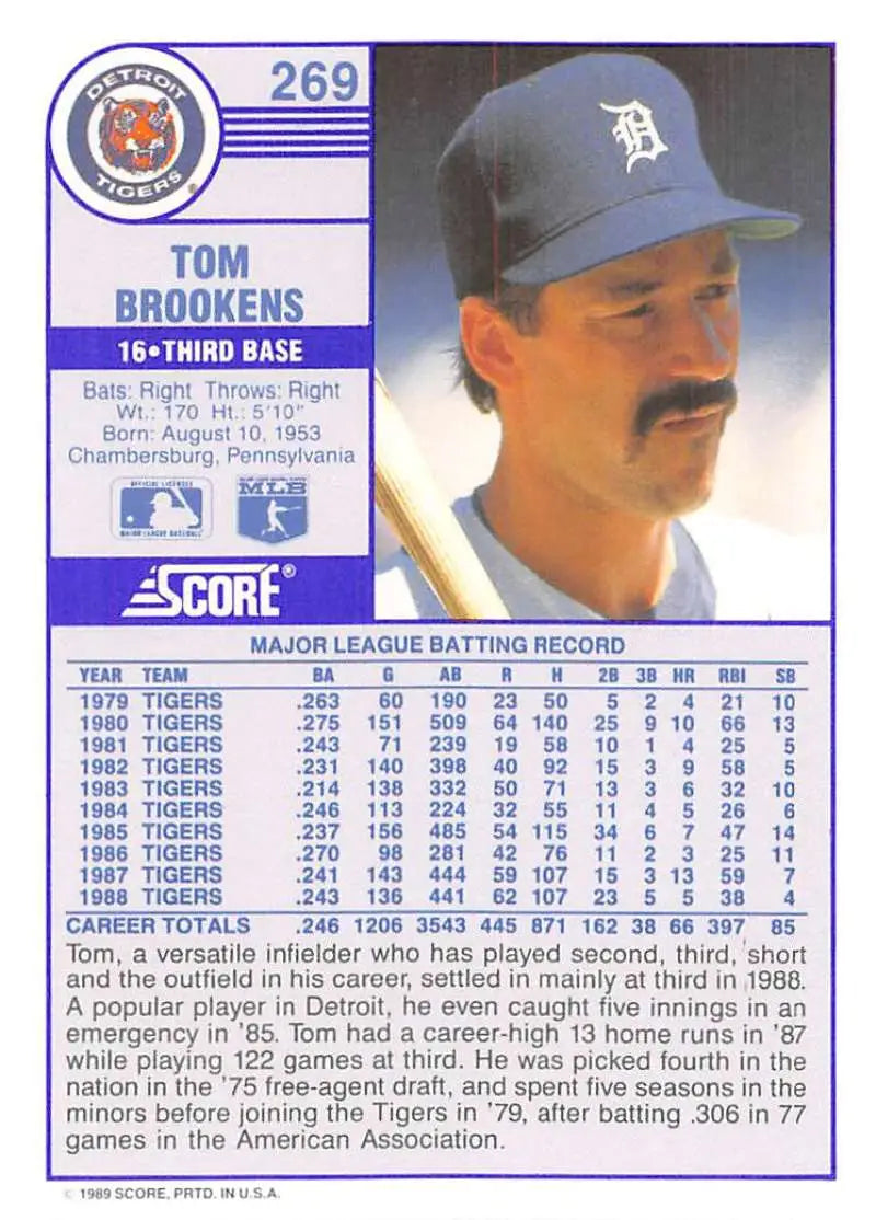 1989 Score #269 Tom Brookens NM-MT Detroit Tigers Baseball Card - Baseball Card Single