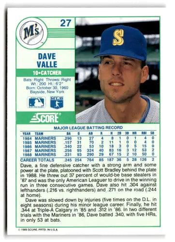 1989 Score #27 Dave Valle EX/NM Mariners ID:66758 - Baseball Card Single