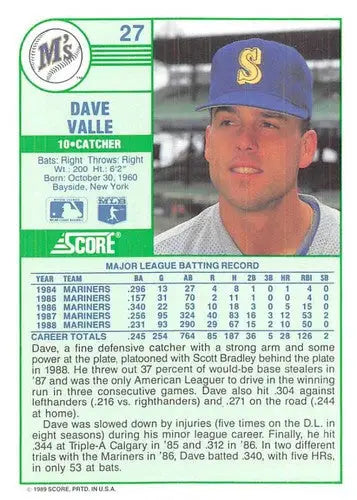 1989 Score #27 Dave Valle NM-MT Mariners ID:80256 - Baseball Card Single