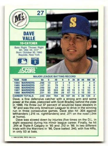 Original gloss Dave Valle Seattle Mariners baseball card from 1989 Score #27 featuring Valle Seattle Mariners player