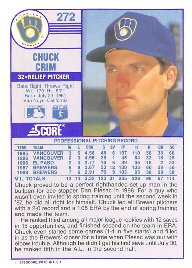 1989 Score #272 Chuck Crim NM-MT Milwaukee Brewers Baseball Card - Baseball Card Single