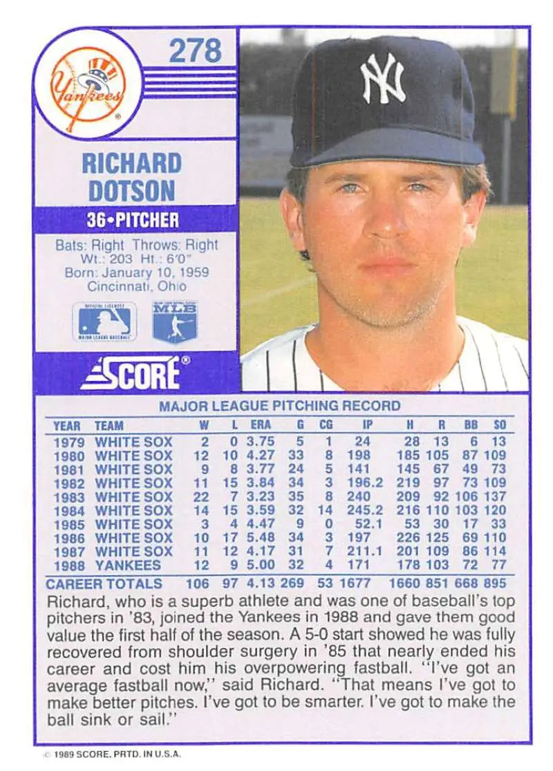 1989 Score #278 Richard Dotson NM-MT New York Yankees Baseball Card - Baseball Card Single