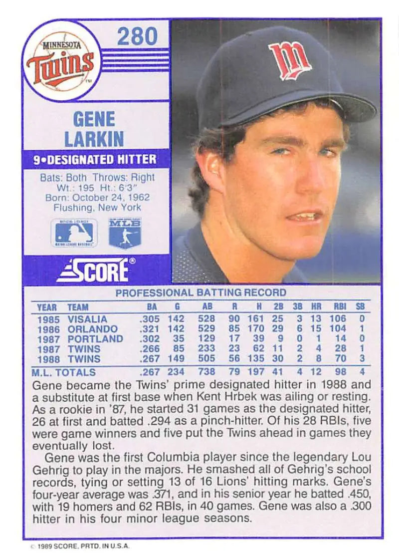 1989 Score #280 Gene Larkin NM-MT Minnesota Twins Baseball Card - Baseball Card Single