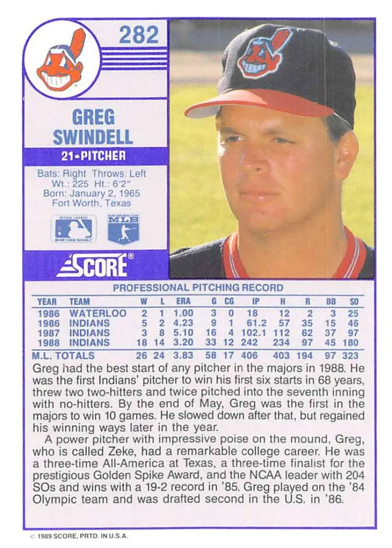 1989 Score #282 Greg Swindell NM-MT Cleveland Indians Baseball Card - Baseball Card Single