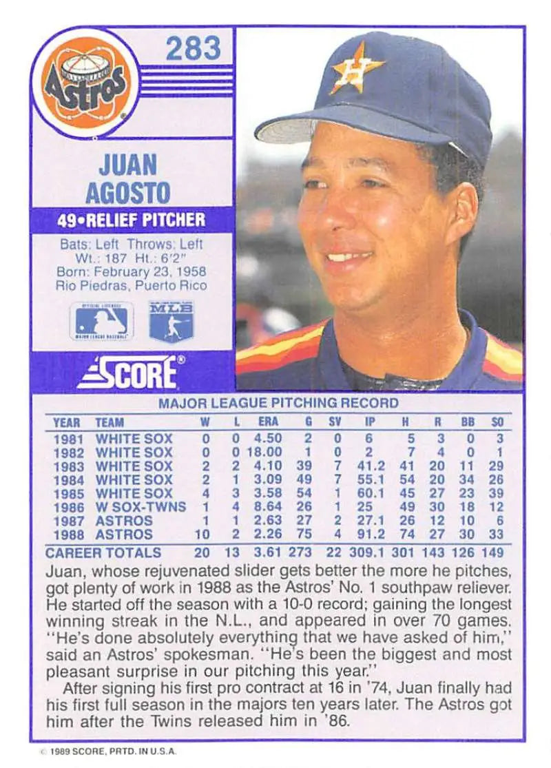 1989 Score #283 Juan Agosto NM-MT Houston Astros Baseball Card - Baseball Card Single