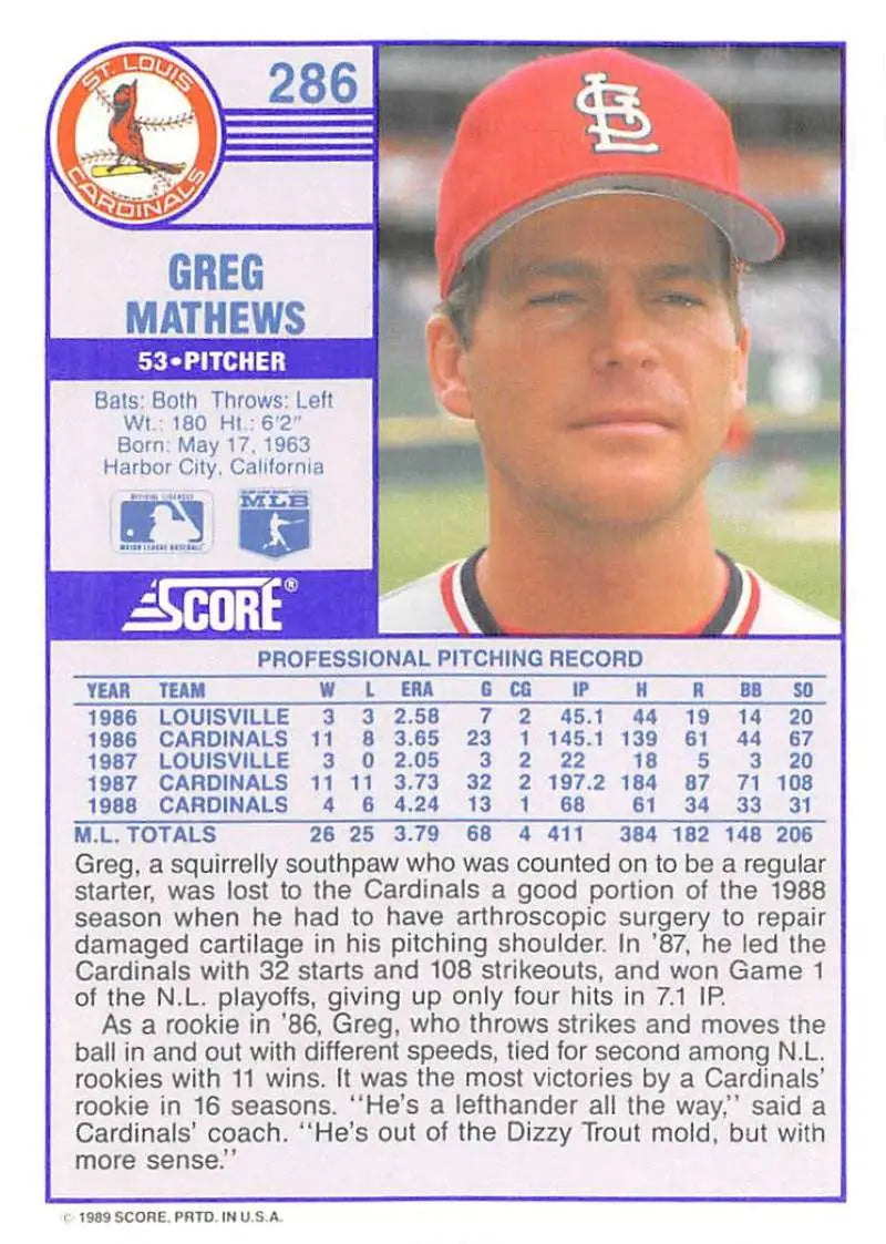 1989 Score #286 Greg Mathews NM-MT St. Louis Cardinals Baseball Card - Baseball Card Single