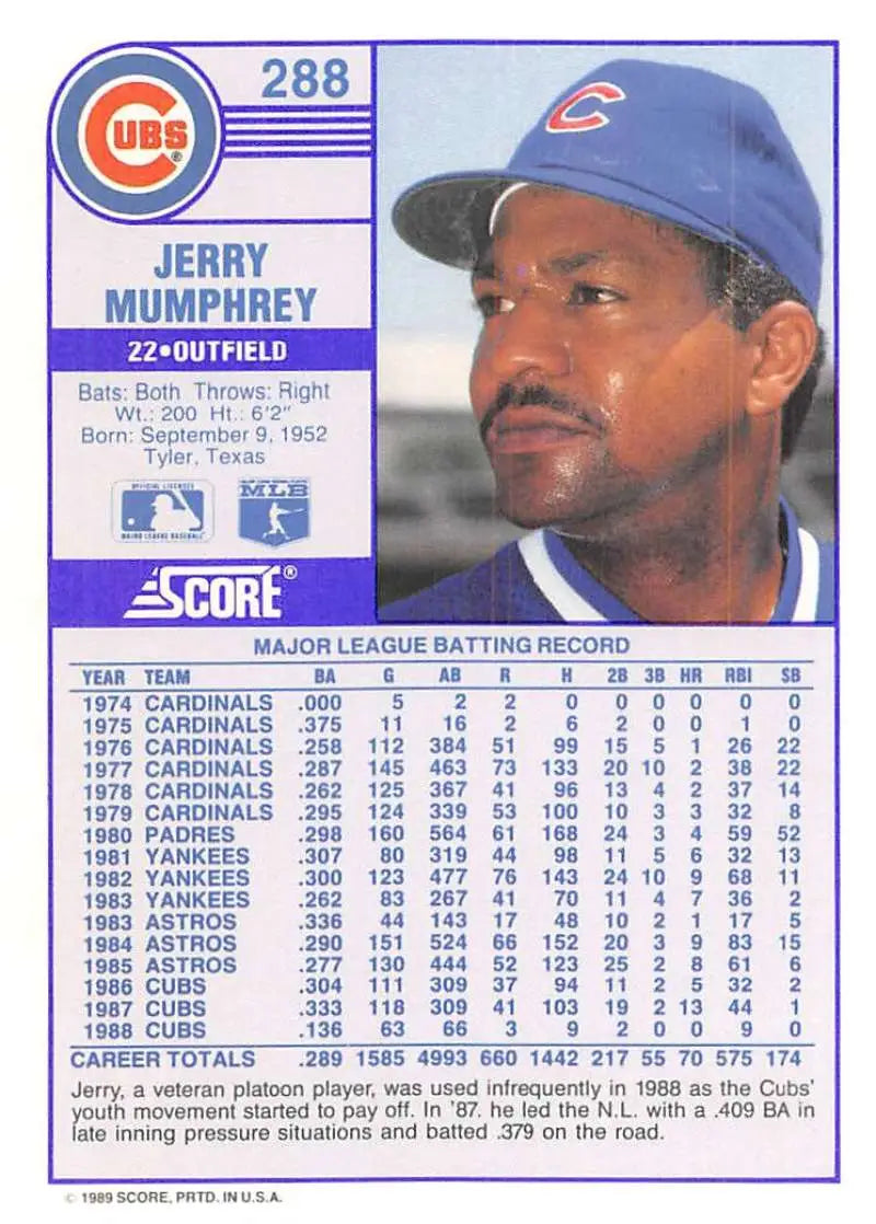 1989 Score #288 Jerry Mumphrey NM-MT Chicago Cubs Baseball Card - Baseball Card Single