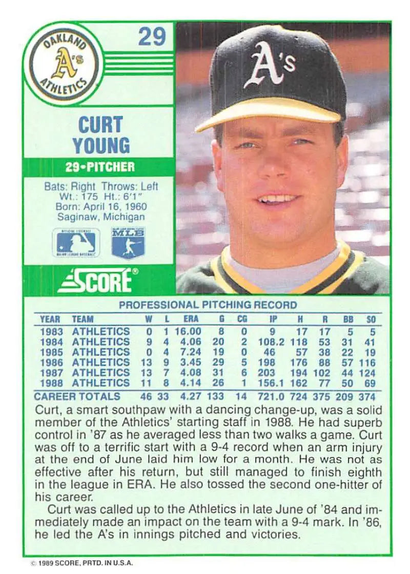 1989 Score #29 Curt Young NM-MT Oakland Athletics Baseball Card - Baseball Card Single