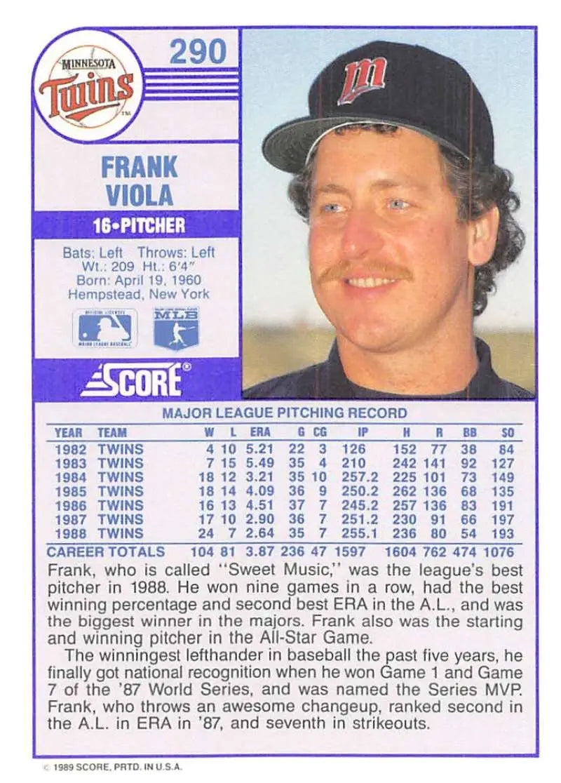 1989 Score #290 Frank Viola NM-MT Minnesota Twins Baseball Card - Baseball Card Single
