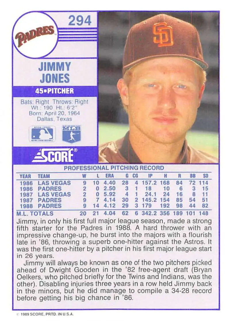 1989 Score #294 Jimmy Jones NM-MT San Diego Padres Baseball Card - Baseball Card Single