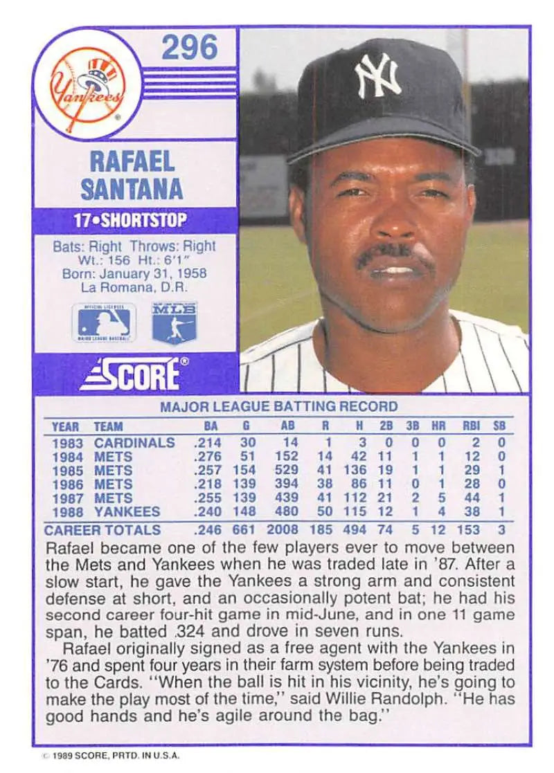 1989 Score #296 Rafael Santana NM-MT New York Yankees Baseball Card - Baseball Card Single