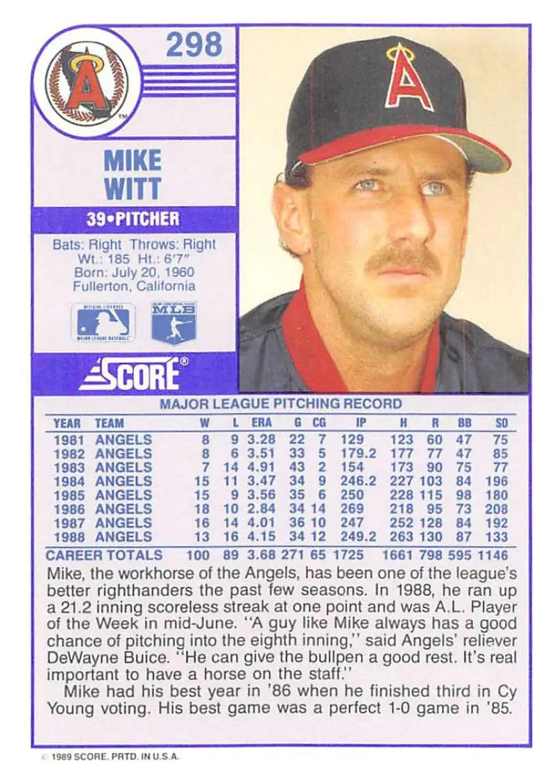 1989 Score #298 Mike Witt NM-MT California Angels Baseball Card - Baseball Card Single
