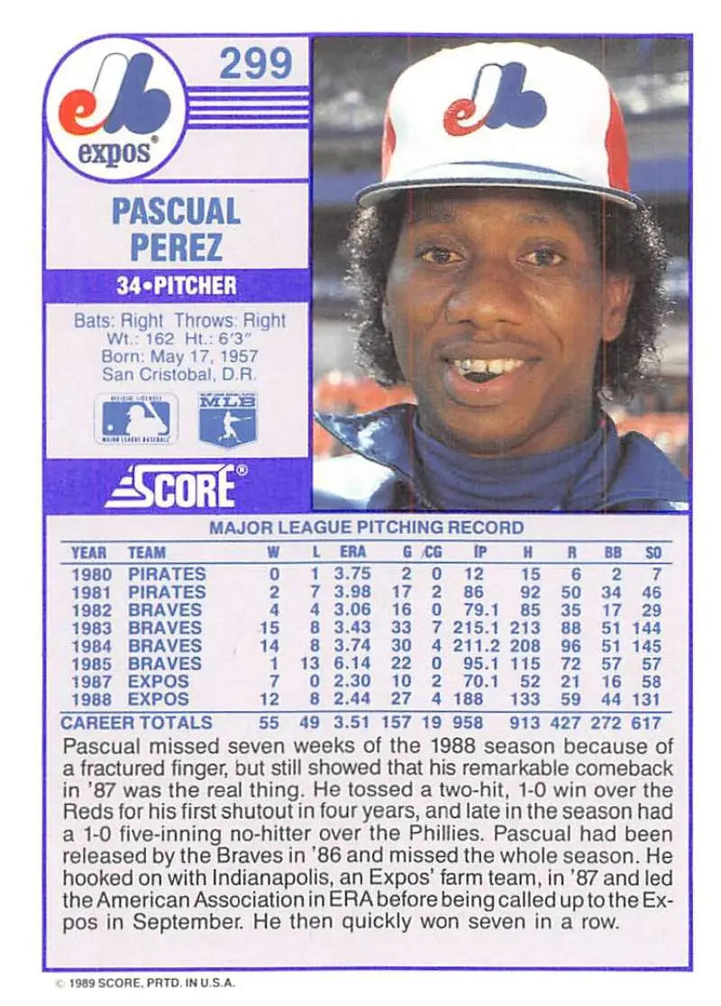 1989 Score #299 Pascual Perez NM-MT Montreal Expos Baseball Card - Baseball Card Single
