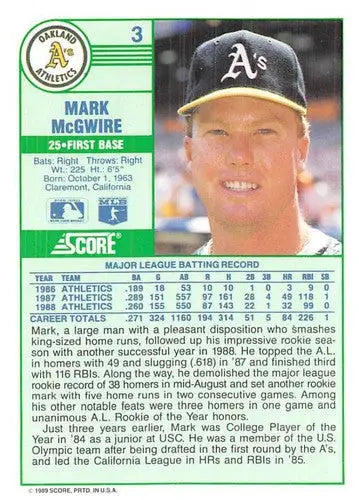 1989 Score #3 Mark McGwire NM-MT Athletics ID:80203 - Baseball Card Single