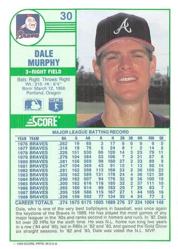 1989 Score #30 Dale Murphy NM-MT Braves ID:80257 - Baseball Card Single