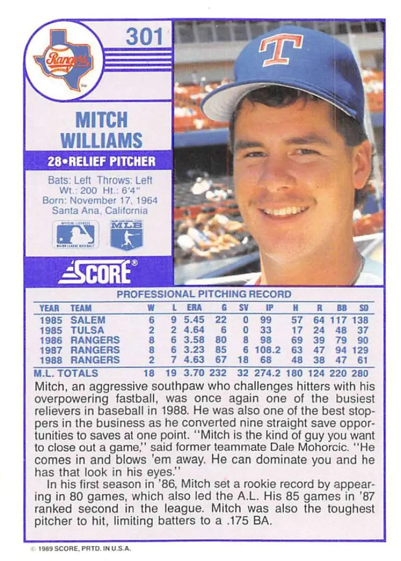 1989 Score #301 Mitch Williams NM-MT Texas Rangers Baseball Card - Baseball Card Single