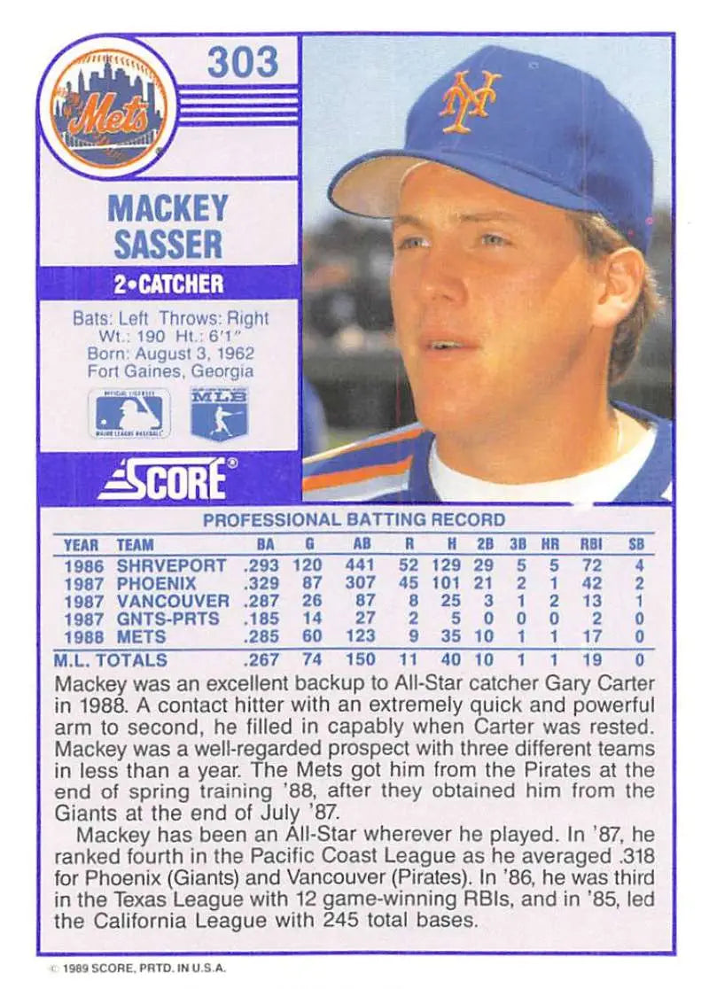 1989 Score #303 Mackey Sasser NM-MT New York Mets Baseball Card - Baseball Card Single