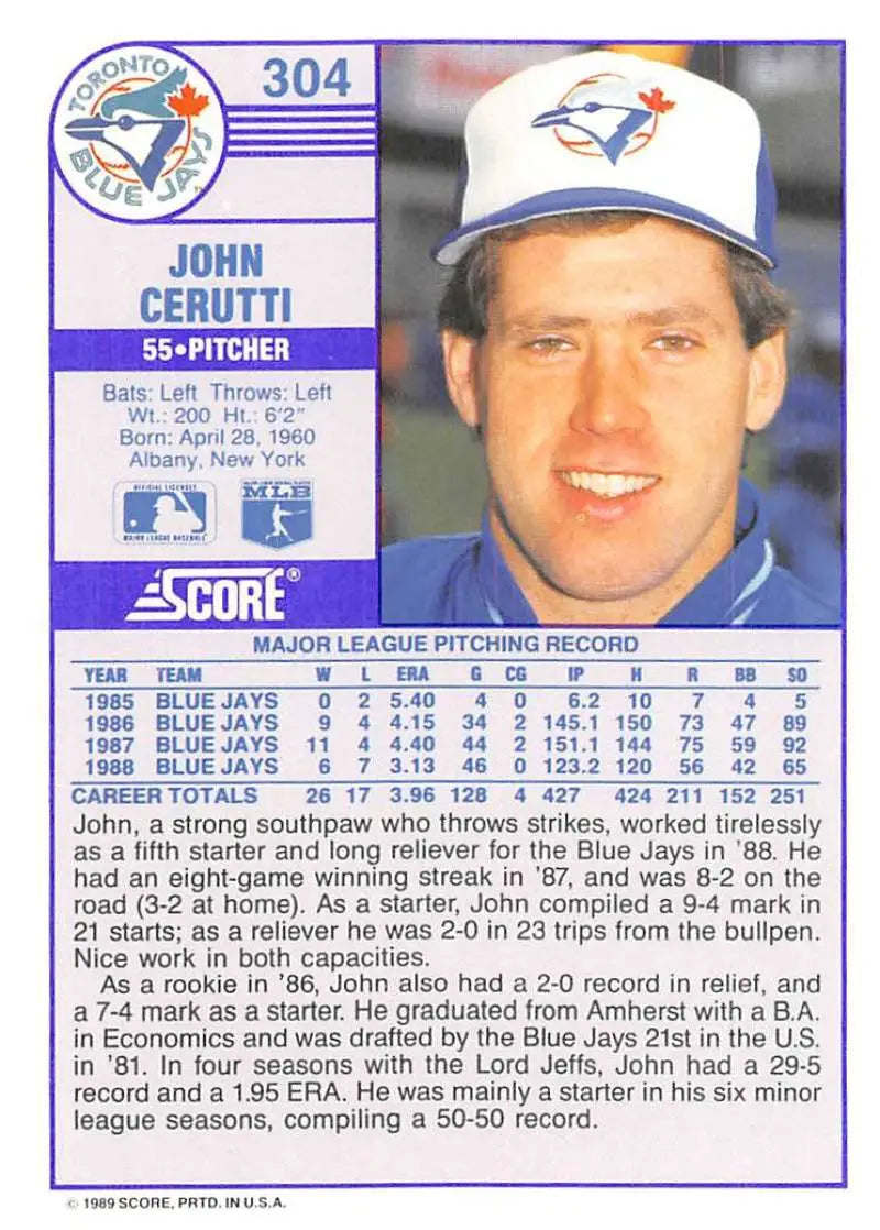 1989 Score #304 John Cerutti NM-MT Toronto Blue Jays Baseball Card - Baseball Card Single
